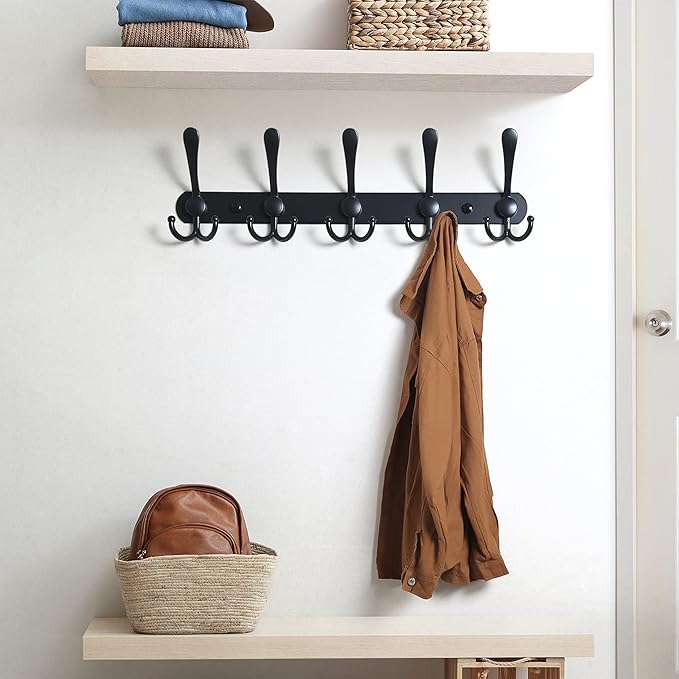 Dseap Coat Rack Wall Mounted - 5 Tri Hooks, Heavy Duty, Stainless Steel, Metal Coat Hook Rail for Coat Hat Towel Purse Robes 