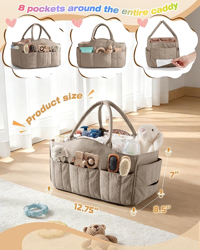 Marscamd Quilted Baby Diaper Caddy with Detachable Dividers and Wipes Pocket, Lightweight Baby Caddy Organizer with Handles a