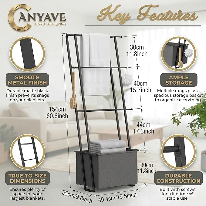 2-in-1 Leaning Blanket Ladder with Storage Basket, Matte Black Metal Towel Rack Stand, Drill-Free Space Saving Organizer for 