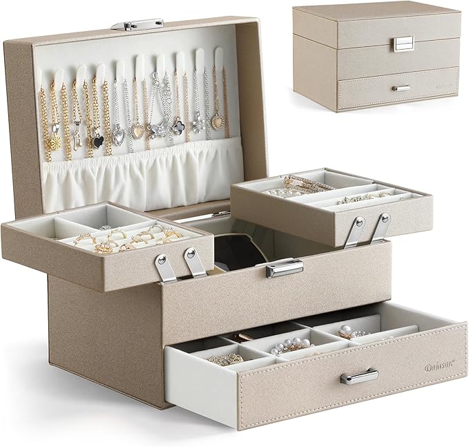 Dajasan Jewelry Organizer Box, Large Jewelry Boxes for Women Girls, Space-Saving 3 Layers Jewelry Storage Case with Drawer, M