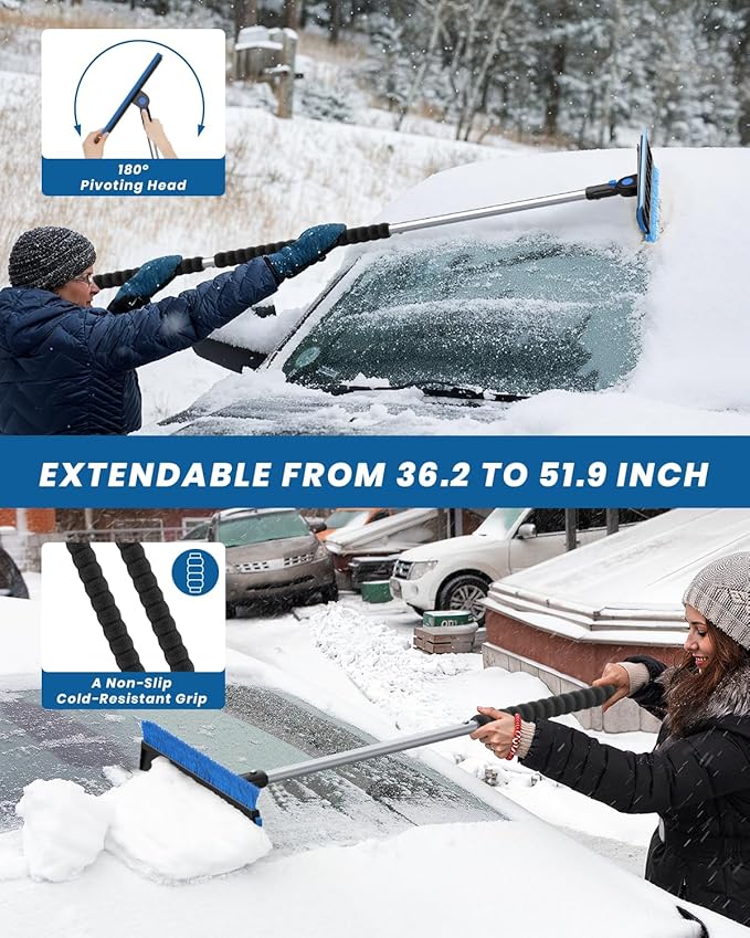 helloleiboo 2025 Extra Long 55.7" Ice Scrapers for Car Windshield Multi-Functional Detachable Car Ice Scraper with Foam Grip and 270° Pivoting Brush Head Snow Brush for SUV Truck Auto (Blue)