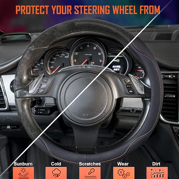 CAR PASS Colour Piping Leather Universal Fit Steering Wheel Cover,Perfectly fit for 14.5-15 inches for Various Vehicles Suvs,
