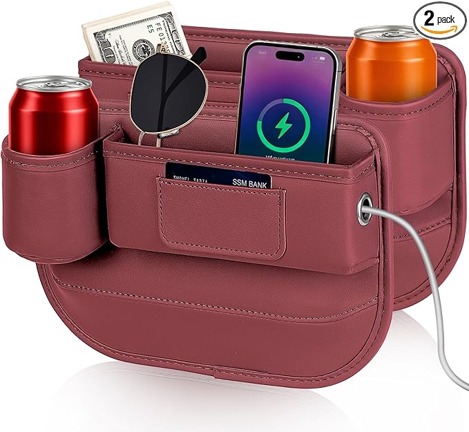 Kwak's 2 Pack Car Seat Gap Filler Organizer, Multifunctional Universal Storage box with Cup Holder for Phone, Glasses (Red)