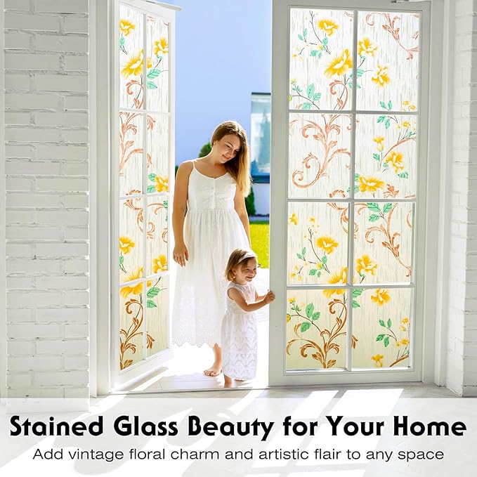 Volcanics Stained Glass Window Film, Frosted Glass Window Privacy Film, Decorative Window Clings for Glass Windows, Floral Design Static Cling Sun Blocking Windows Tint for Bathroom, 35.4 x 78.7 Inch