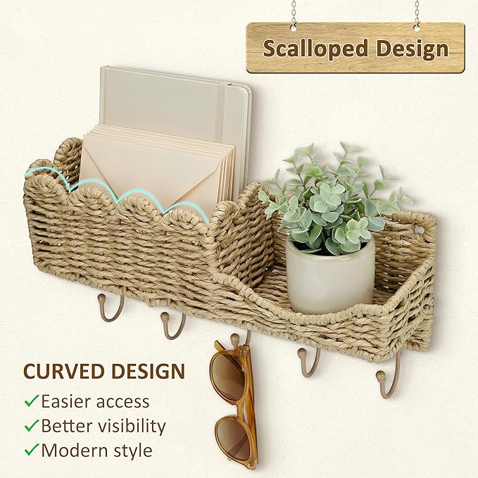 Hook Woven Rattan Key Holder & Mail Organizer, Scalloped Wave Design Decorative Wall Mount for Entryway, Living Room & Hallwa