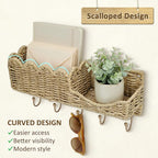 Hook Woven Rattan Key Holder & Mail Organizer, Scalloped Wave Design Decorative Wall Mount for Entryway, Living Room & Hallwa