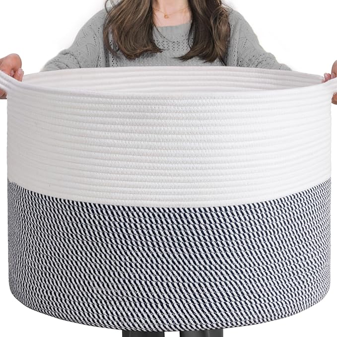 INDRESSME XXXLarge Cotton Rope Basket 21.7" x 21.7" x 13.8" Woven Baby Laundry Baskets Blanket Basket Toy Baskets with Handle