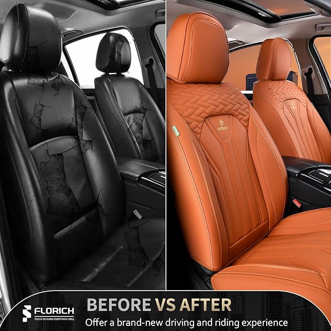 FLORICH Seat Covers, Leather Car Seat Covers Front Seats, Automotive Seat Covers Waterproof Car Seat Cushion Orange Seat Cove