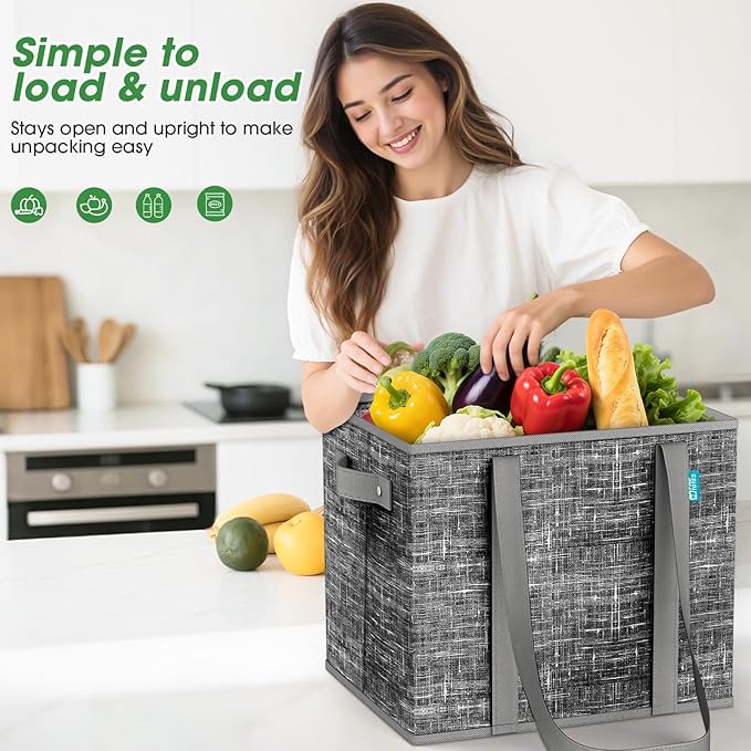 Fab totes Reusable Grocery Bags, Large Foldable Shopping Tote Bags with Reinforced Handles & Hard Bottom,4 Pack,Black