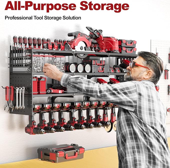 52" W Large Power Tool Organizer Wall Mount -12 Drill Holder for Garage,4 Layer Heavy Duty Power Tool Rack,Tool Organizer Sto