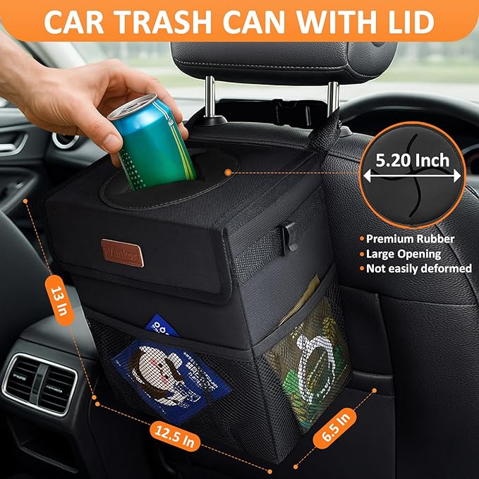 4.2 Gallons Car Trash Can with Lid, Bag Bin Hanging Waterproof Automotive Car Garbage Cans Leak Proof Vehicle Trash Can for Truck SUV,Black