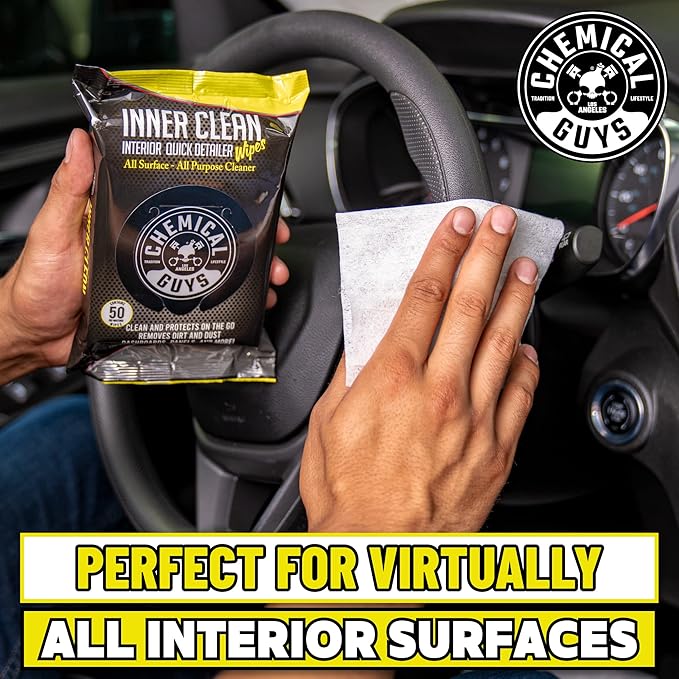 Chemical Guys InnerClean Interior Quick Detailer & Protectant Wipes – 50 Pack Multi Surface Interior Cleaner Wipes for Dashbo