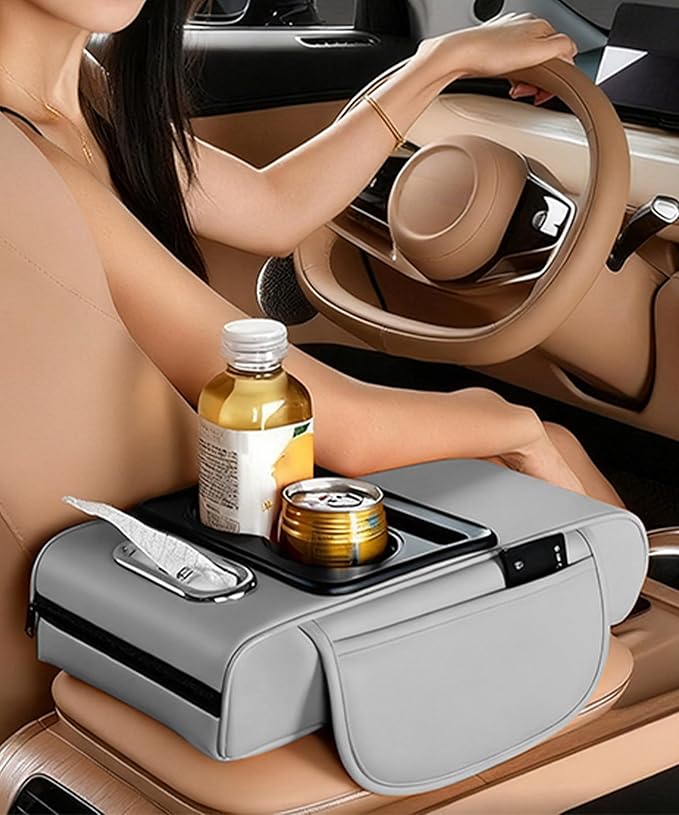 Car Armrest Storage Box,Car Accessories Console Organizers and Storage,Universal Waterproof Leather Console Cover with Cup Holder and Phone Holder,Suitable for Most Cars (Normal, Gray)