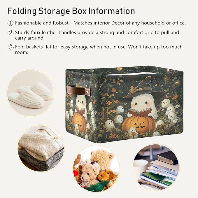 xigua Cute Ghost Wearing Witch Hat Storage Basket Foldable Storage Bin, Canvas Rectangular Storage Basket with Leather Handle
