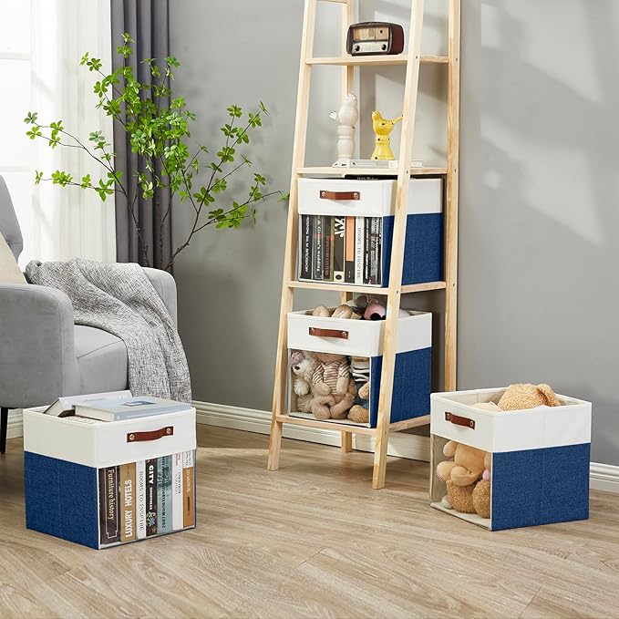 Bagnizer Storage Cubes, 4 Pack Linen Foldable Storage Bins (13 x 13 inch) with Clear Window and Handles, Fabric Organizer for