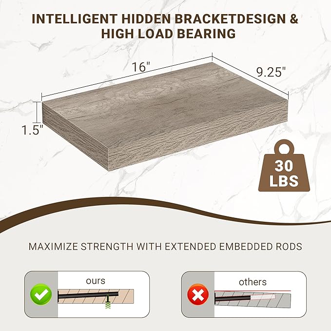 16 Inch Floating Shelves, 3D Textured Wood Grain, 16"x9.25"x1.5" Inch Deep Floating Shelves for Wall, Wooden Shelves for Bath