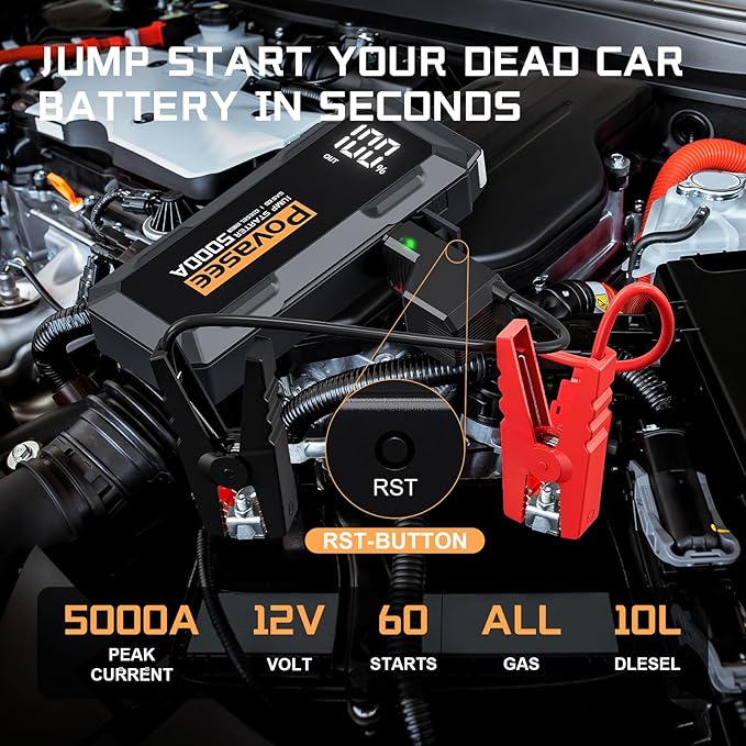 5000A Jump Starter Povasee A40 Car BatteryJump Starter, 12V Jump Box for Car Up to All Gas or 10L Diesel Engine Battery