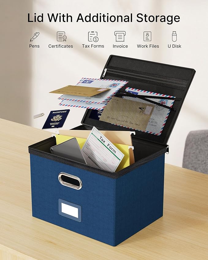 Oterri File Organizer Boxes with Lids, File Box with Mesh Pockets, Document Organizer Box for Letter Size Folders, Zippers Im