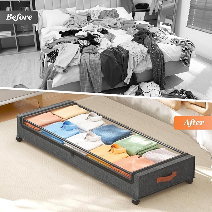 Yecaye Under Bed Storage with Wheels 2 Pack, 85L Extra Large Under Bed Storage Containers with Metal Frame & Clear Lid, Rolli