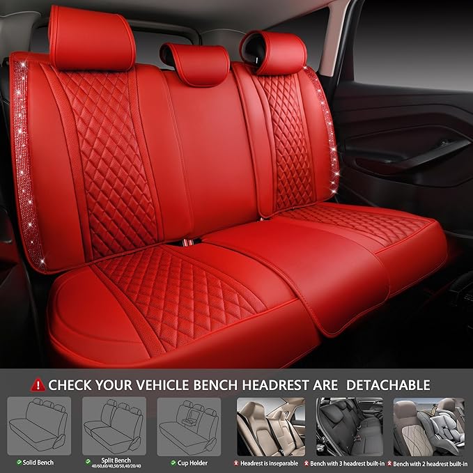 CAR PASS Nappa Leather Bling Diamond Car Seat Covers Full Set Universal Cushioned, Waterproof Heavy-Duty Anti-Slip Luxury Lea