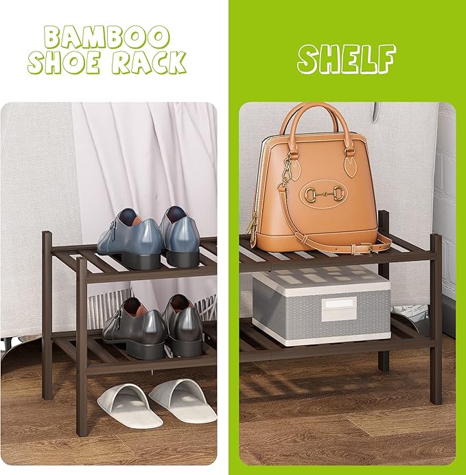 BMOSU 2-Tier Bamboo Shoe Rack Premium Stackable Shoe Shelf Storage Organizer for Hallway Closet Living Room Entryway Organize