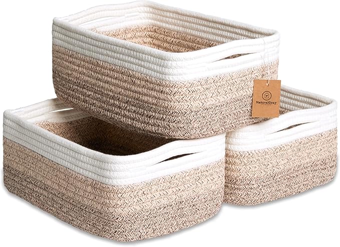 NaturalCozy 11.8"x8"x4.5” Storage Baskets for Shelves 3 Pack | Cotton Rope Woven Small Baskets for Organizing | Small Storage