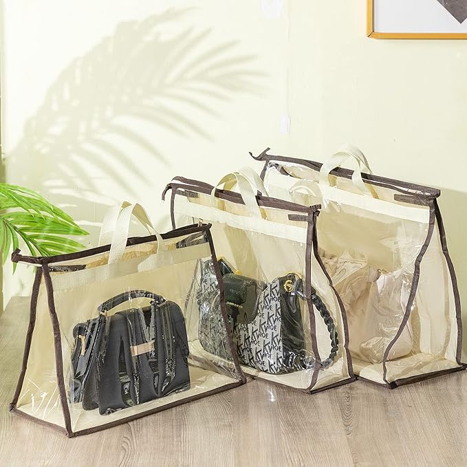 16 Pack Clear Handbag Storage Organizer and 16 Stainless Steel S-Hooks Anti-dust Purse Storage Bags with Zipper and Handle Mo