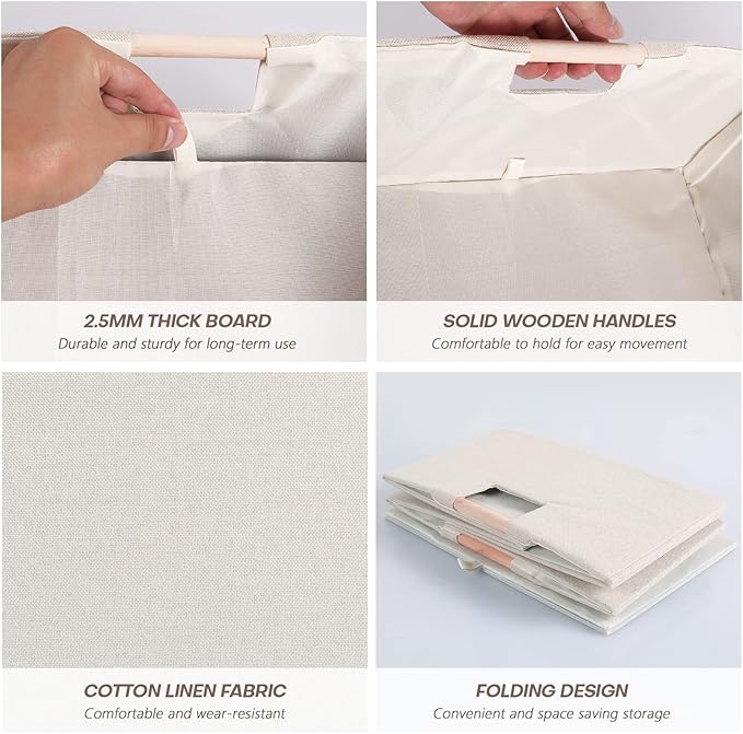 Fabric Storage Bin Box Foldable Cotton Linen Storage Basket with Wooden Handles Rectangular Cube Decorative Home Laundry Orga