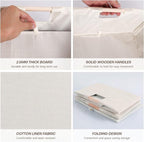 Fabric Storage Bin Box Foldable Cotton Linen Storage Basket with Wooden Handles Rectangular Cube Decorative Home Laundry Orga