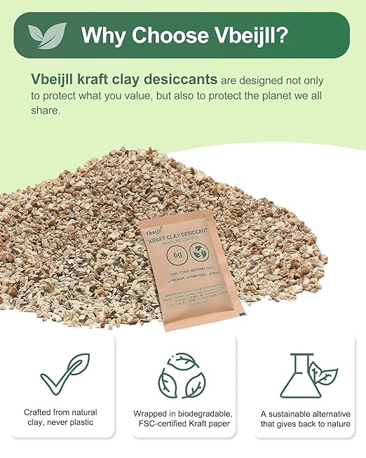 20 Gram (50 Pack) Kraft Clay Desiccants Packs, Premium Food Grade Desiccant - Rechargeable Moisture Absorbers for Food