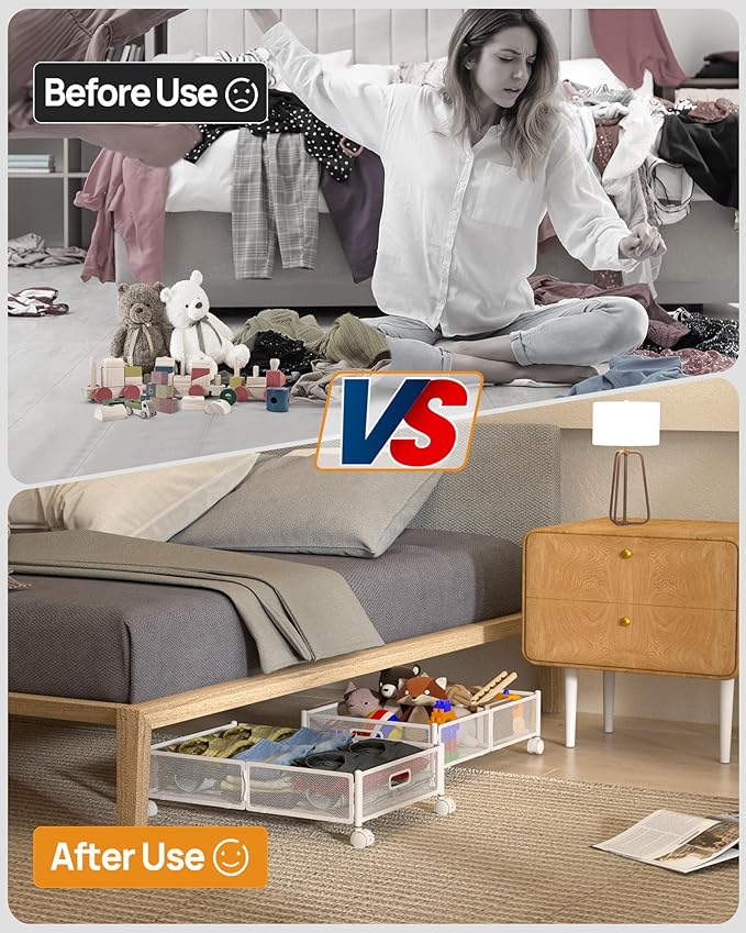 Under Bed Organizer, Storage Bins Under Bed, 60L Underbed Storage Bins for Bedroom Clothes Shoes Blankets (White, 4 Pack)