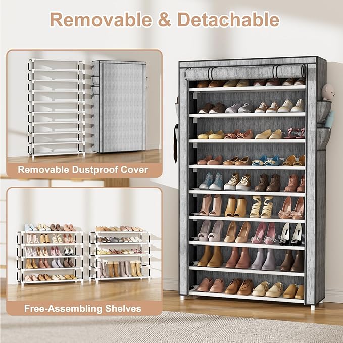 VILICK Shoe Rack with Cover Narrow Shoe Organizer with Pockets 10 Tier Tall Shoe Storage Holds 36-41 Pairs Shoes and Boots Sh