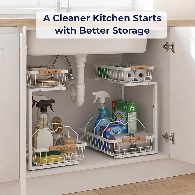 Under Sink Organizer, 2 Pack, 2 Tier Sliding L-Shaped Carbon Steel Rack with Adjustable Height, Motion-Activated LED Lights, 