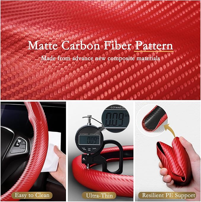 Aimato Car Steering Wheel Cover Carbon Fiber, Ultra-Thin Car Steering Wheel Cover,Comfortable & Breathable Microfiber,Universal Fit for Most Cars, Matte Red