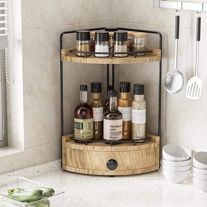 2-Tier Corner Bathroom Counter Organizer with Drawer & Embedded Screw Holes - Wooden Countertop Organizers for Skincare, Make