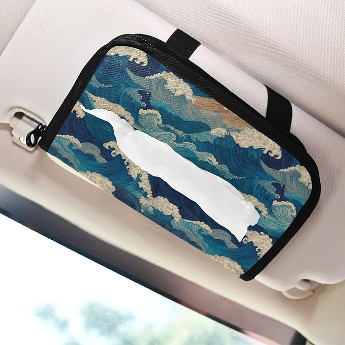 Car Tissue Holder Car Visor Organizer Tissue Box Holder for Car Sun Visor Organizer with Car Vehicle Accessories Essentials Interior for Women Men Blue Waves Foam Ripple