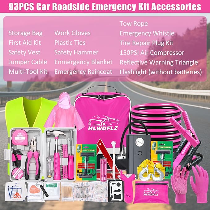 Car Roadside Emergency Kit, Vehicle Truck Safety Emergency Road Side Assistance Kits with Jumper Cables, Auto Air Compressor 