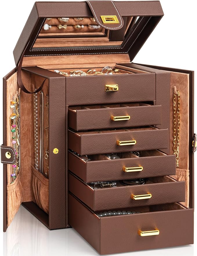 AKOZLIN Jewelry Box Organizer Functional Leather Jewelry Storage Case for Women Girls Ring Necklace Earring Bracelet Holder O