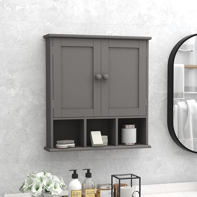 TaoHFE Grey Bathroom Cabinet,Bathroom Wall Cabinet with 2 Door Adjustable Shelves,Over The Toilet Storage Cabinet,Bathroom Ca