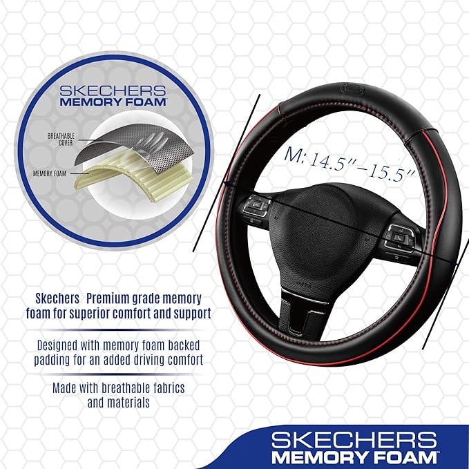Skechers Memory Foam Steering Wheel Cover,Piping Microfiber Leather Steering Wheel Cover Sporty Universal Fit 14" 1/2-15" Car