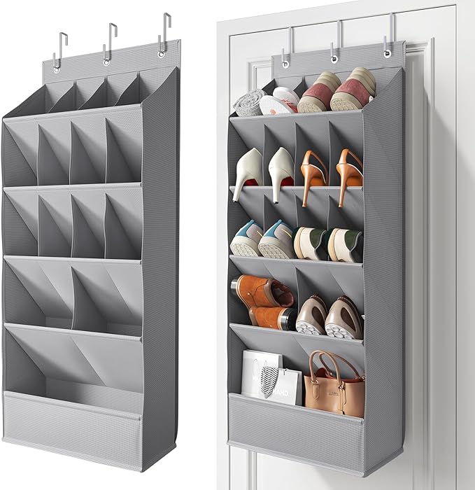15 Pockets Over the Door Shoe Organizer, Shoe Rack for Closet Door with Large Breathable Pockets, Hanging Shoes Rack for Boot