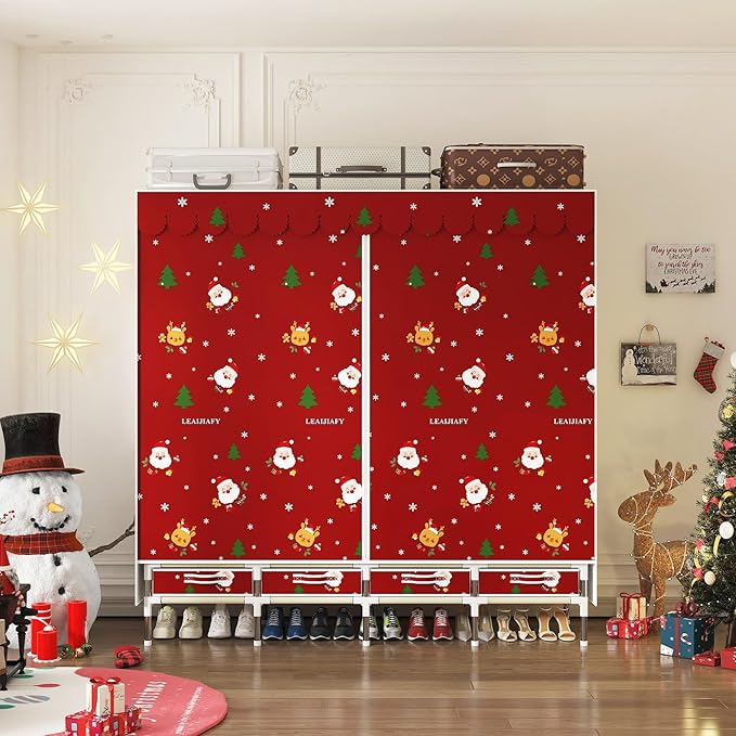 Portable Wardrobe with 4 Drawers Simple Temporary Wardrobe, Armario Portátil,New Oxford Cloth, Christmas Style (Christmas Col