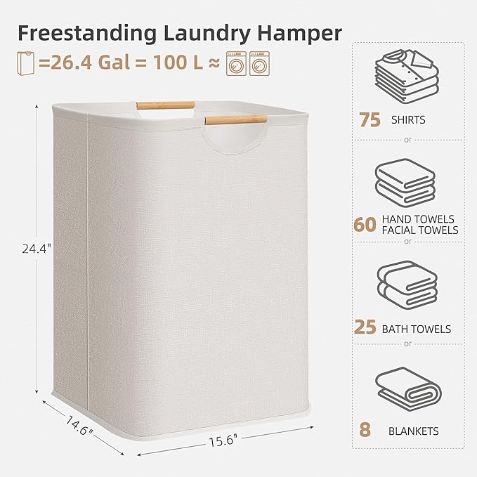 STORAGE MANIAC 1-Pack Large Laundry Hamper, 100L (26.4 Gal) Collapsible Laundry Basket with Bamboo Handles, Freestanding Wate