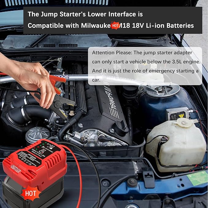 Jump Starter Adapter for Milwaukee 18V Li-ion Battery Powered with Jumper Cable Clamps Portable Car Battery Charger Jump Starter(Battery Not Included)