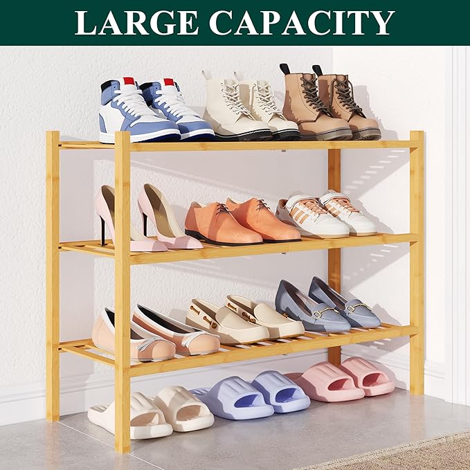 Smiry Bamboo Shoe Rack for Closet, 3 Tier Wooden Stackable Shoe Organizer, Free Standing Shoes Storage Shelf for Entryway, Fr