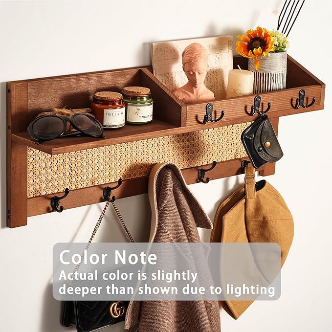 Coat Rack Wall Mount with Hooks & Shelf - Wooden Entryway Organizer for Hanging Coats, Keys, Hangers - Space Saving Durable W
