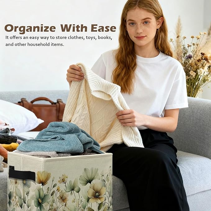 Rustic Floral Storage Box Bins, Sage Green Beige Cottagecore Wildflower Collapsible Storage Basket Organizer for Bedroom Nurs