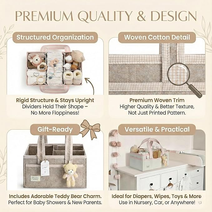 PeraBella Baby Diaper Caddy Organizer, XL Baby Basket Shower Gift Caddy, Portable Felt Changing Table Basket, Nursery Storage