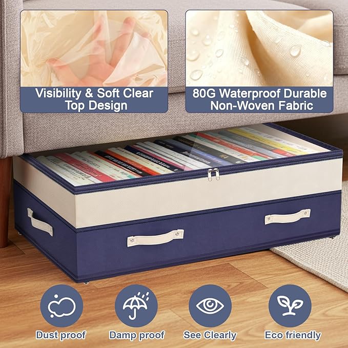 Dolicer 4 Pack Under Bed Storage with Wheels (Blue & Blue), 4 Pack 92L XXXL 6in-10in Height Adjustable Underbed Storage Conta