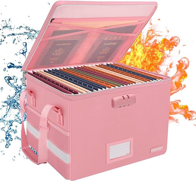 ENGPOW File Box with Lock, Fireproof Document Box with Zipper＆Pockets, Collapsible File Organizer Filing Storage Cabinet with